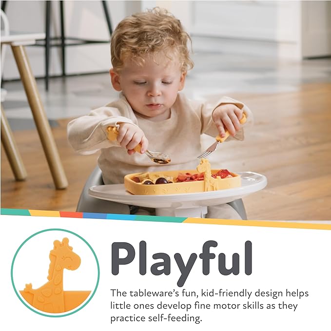 Nuby Animal Friend Silicone Rectangle Plate - Toddler Plate - 6+ Months - Yellow Giraffe Plate