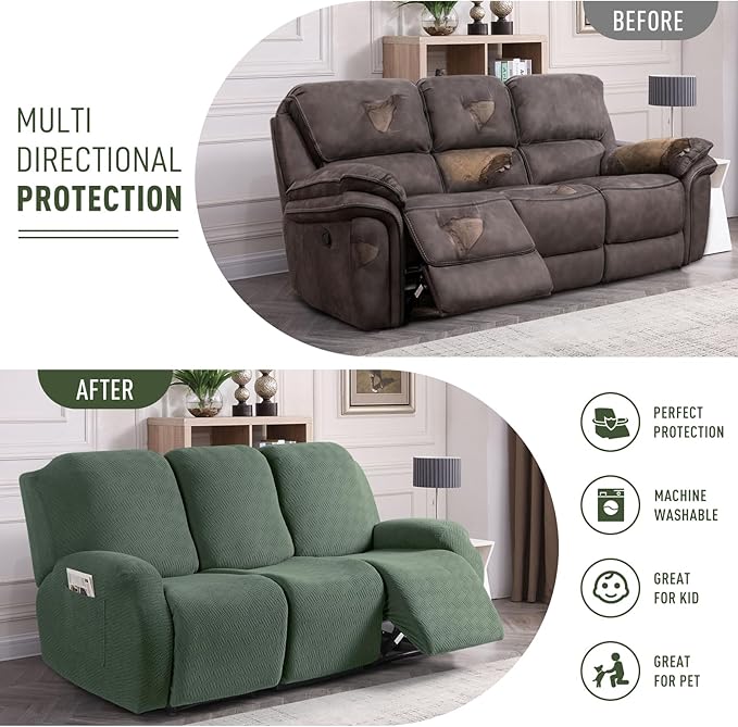 KinCam Recliner Covers, Stretch Reclining Chair Covers, Recliner Sofa Slipcovers Stripe Jacquard Recliner Couch Covers Furniture Protector Covers for Pet Kid (3 Seater, Greyish Green)