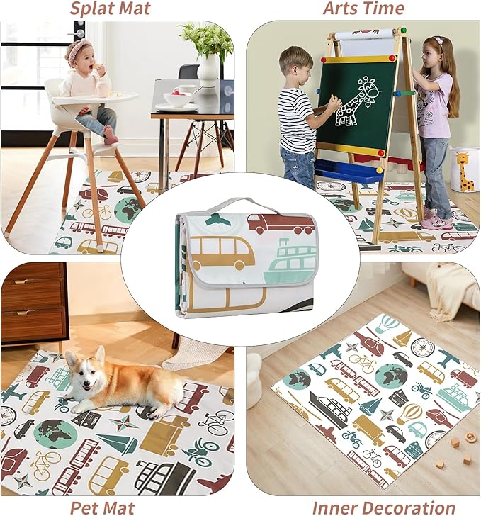 Insular Baby Splat Mat for Under High Chair/Arts/Crafts, Anti Slip and Waterproof Splash Mat for Floor, Portable Picnic Mat, 51x51 Inch, Vehicle