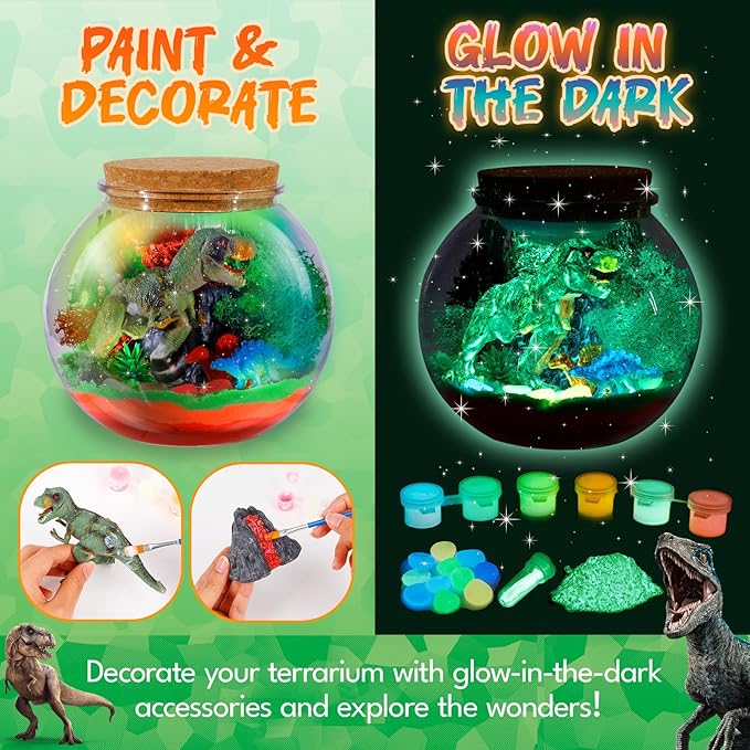 Dinosaur Terrarium Kit for Kids - Arts & Crafts Activities Sets With Glow in The Dark Painting - DIY Dinosaur Toys Birthday Gifts for Boys Age 5, 6, 7, 8, 9, 10, 11 & 12 Year Old(Dinosaur Terrarium)