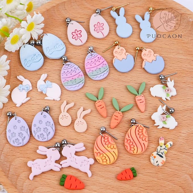Puocaon Easter Polymer Clay Cutters - 27 Pcs Clay Cutters for Polymer Clay Earrings, Cute Bunny Rabbit Clay Cutters, Carrot Easter Eggs Clay Jewelry Cutters, Rabbit Feet Polymer Clay Cutters