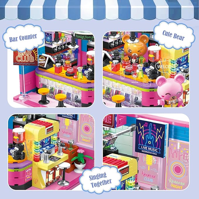 Friends House Building Block Set, Bear Club Business City View Small Brick Model, Mini Construction Toy, Hobbies Christmas Birthday Gift for Teens Children Kids Boys Girls 6+, 602pcs