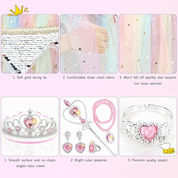 Fedio Princess Cape Set 7 Pieces Girls Princess Cloak with Tiara Crown, Wand for Little Girls Dress up (Rainbow)