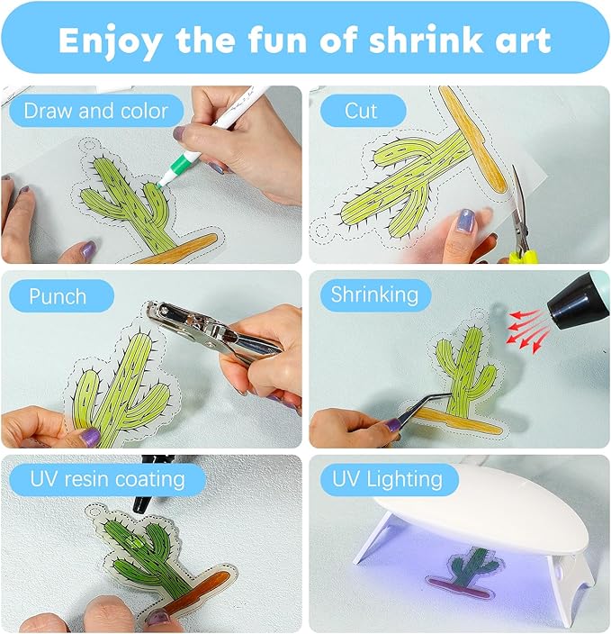 Auihiay Shrink Plastic Sheet Kit, Include UV Resin, UV Lamp, 20PCS Shrink Papers and Rich DIY Tools for Crafts Kids DIY Jewelry Making, Key Chains Earrings and DIY Christmas Ornaments