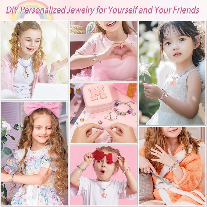 LifeisLuck Charm with Bracelet Making Kit, Jewelry Making Kit for Girls DIY Bead Necklace Kit with A to Z Bracelet Box Unicorns Crafts Arts Girls Toys Age 8-12 Birthday Gifts for Kids - M