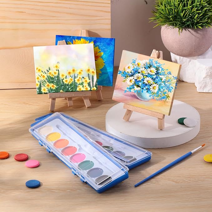 Fuutreo Watercolor Paint Sets 3x4 Mini Canvas Easel Paints Brush Set Kids Art Party Favors and Party Supplies Watercolor Paint Party Favors Washable Watercolor Bulk for Kids Birthday Prizes (24 Pcs)