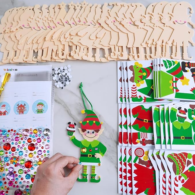 Winlyn 24 Sets Christmas Craft Kits Winter Crafts DIY Santa's Helper Elf Ornaments Decorations Arts Sets Elf Christmas Foam Stickers for Kids Holiday Festive Home Classroom Activities Party Favors