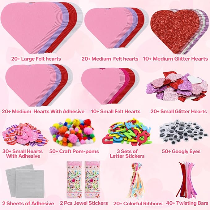 RMJOY Valentines Day Craft Gift Set: DIY Colorful Foam Heart Art Craft Ornament Toy Kit with Pom-poms Googly Eyes Gem Sticker for Kid Classroom Home Activity Party Favor Wedding Birthday Decoration