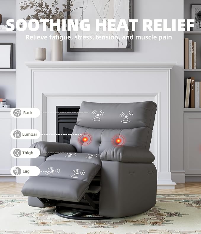 Oversized Power Recliner Chair - Electric 360° Rocker Swivel Recliner with Heat and Massage, PU Leather Large Recliners for Adults, Comfortable Lazy Chair with 1.5X Sponge Filling
