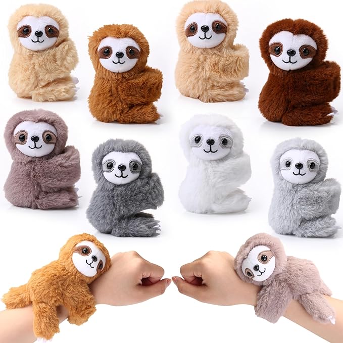 Liliful 8 Pack Kids Valentine's Day Gifts Stuffed Animal Cat Slap Bracelets, Valentines 8 Inch Plush Wrist Cute Snap Bracelets Birthday for Boys Girls Child Bulk Items Party Favors(Sloths)