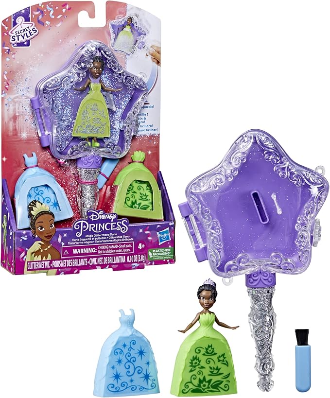 Disney Princess Secret Styles Magic Glitter Wand Tiana Doll and Wand Playset, Arts and Crafts Toy for Kids 4 and Up