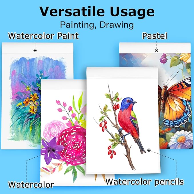 Hapikalor School Supplies for Teens, 4-Pack 9"x12" Watercolor Paper Pad, 140lb/300gsm, Premium Water Color Pad for Paint, Watercolor Pencils, Watercolor Pens, Charcoal, Oil Pastels and Acrylic, Blue