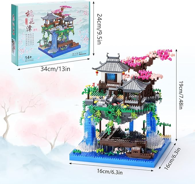 Cherry Blossom Bonsai Tree Building Block Sets with Acrylic Display Box Chinese Architecture of Peach Blossom Micro Mini Building Set Toy Gift for Kids Adults（3320 Pieces）