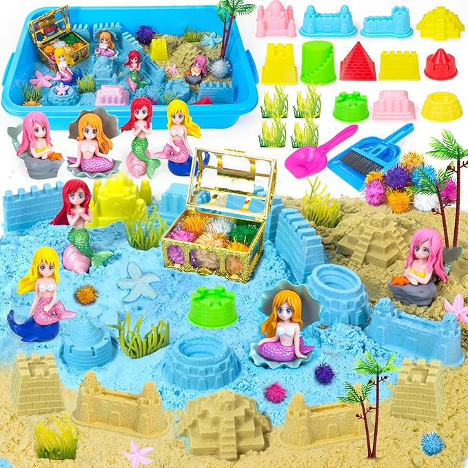 Mermaid Sensory Bin Sandbox Toys for Toddlers Girls Kids- Mermaid Toys for Kids Play Sand Kit Sensory Sand Bin Toys with 2.2 lbs Sand & Castle Mold,Great Christmas Birthday Gift for Girl Kids