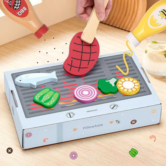Play Food, Wooden Play Kitchen Food, Toy Food for Toy Kitchen and Grill, 24 Pcs Toddler Pretend Play with Play Dishes, Food Toys for Toddlers Boys Girls Ages 3+