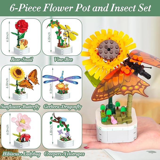 Flowers and Plant Building Set with Insects, (1214PCS) 6 Flowers Botanical Bonsai Building Set for Adults, Kids, Idea Gifts for Mother's Day, Birthdays, Creative Building Block Toys Decor for Home