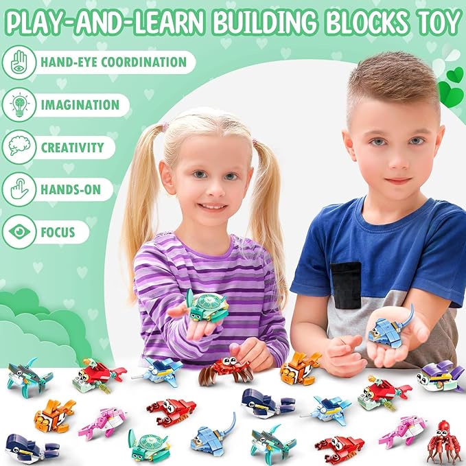 Valentines Day Gifts for Kids, 24 Pack Sea Animal Building Block Set with Valentines Day Cards for Kids Classroom School, Kids Party Favors Goodie Bags Classmate Exchange Gift Classroom Prizes