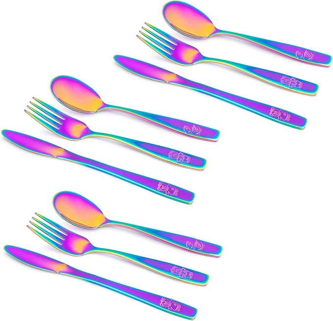 9 Piece Stainless Steel Rainbow Kids Cutlery, Child and Toddler Safe Flatware, Kids Silverware, Kids Utensil Set Includes 3 Knives, 3 Forks, 3 Spoons, Total of 3 Settings, Ideal for Home and Preschool