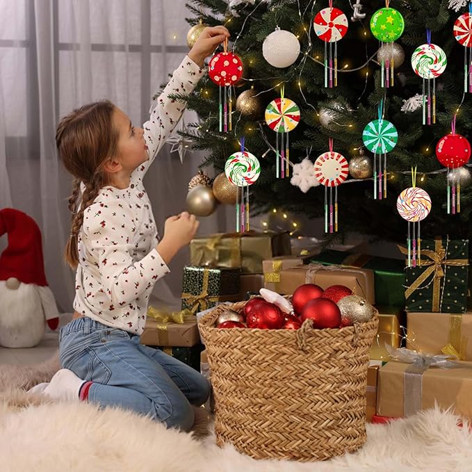 Fennoral 9 Pack Christmas Wind Chime Kit for Kids Make You Own Christmas Candy Wind Chimes DIY Paint Wooden Art and Craft for Girls Boys Christmas Craft Supplies Christmas Tree Decorations