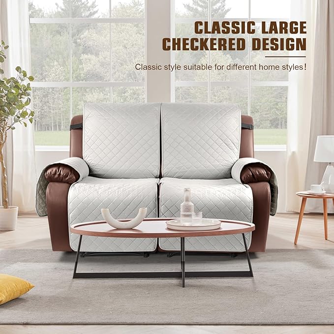 KinCam Waterproof Oversized Loveseat Recliner Cover, Non-Slip Reclining Couch Covers for 2 Seat, Recliner Sofa Cover Furniture Protector with Elastic Straps for Kids, Pets, Beige