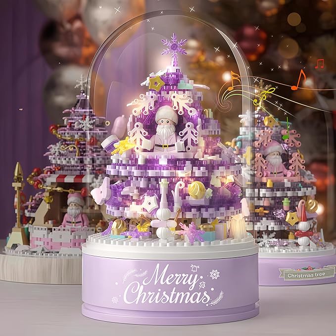 Christmas Tree Building Blocks Set for Kids - 2024 Rotating Christmas Tree Music Box with Glass Cover Xmas Holiday Construction Toy Gift for Boys and Girls (706PCS)