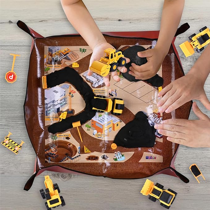 Sensory Play Construction Sand Kit, 2lbs Sensory Sand, Interactive Mat for Mess-Free Play, 22 Piece 5 Trucks 7 Signs 4 Work Figures 6 Tools, Sandbox Toys for Boy Girl Kid Toddlers Age 3+