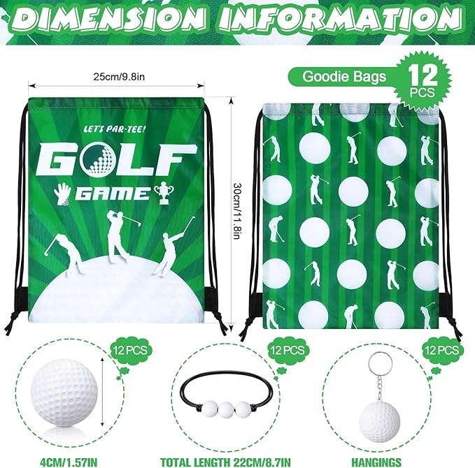 Poen 48 Pcs Golf Party Favors Set Golf Themed Supplies Includes 12 Golf Drawstring Backpack 12 Mini PVC Golf Ball 12 Golf Keychain 12 Golf Wax Thread Braided Bracelets Inspirational Gifts for Team