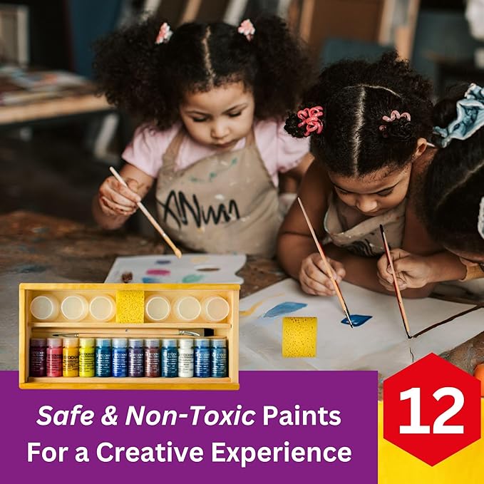 Stockmar Complete Watercolor Paint Set - 12 Colors, in Wooden Storage Box, Includes 2 Natural Brushes, 6 Containers, Cloth, Palette, Sponge, Waldorf Art Supplies