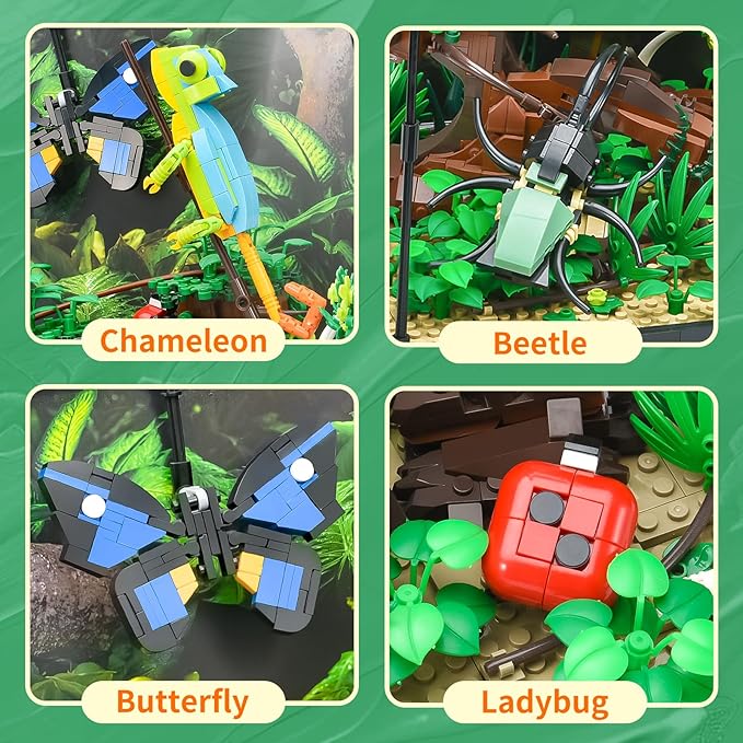 Flower Insects Collection Building Set for Kids, Animals Insect Creative Model Building Toys,with Chameleon,Ladybug,Butterfly,Birthday Gift for Adults and Boys 8 10 14+(1358PCS)