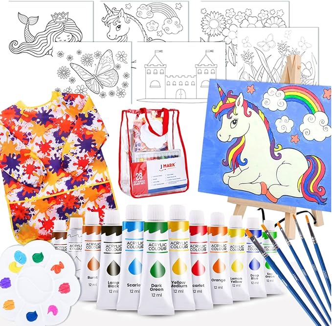 J MARK Pain Set for Kids – Acrylic Kids Painting Kit with Storage Bag, Washable Paints, Easel, Canvases, Brushes and More, Complete Kids Painting Set