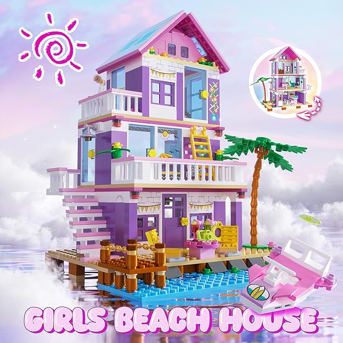 Beach House Building Set, Seaside Villa House Building Toys Compatible with Lego Friends Sets for Girls Age 8-12, Creative Holiday Cottage Building Kit, Birthday, Valentine's Day