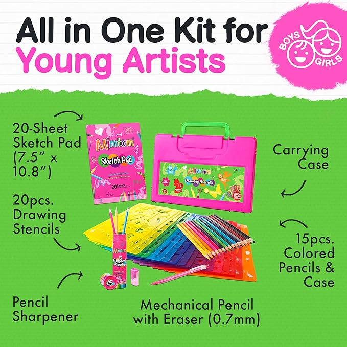 Drawing Stencil Kit for Kids, 60 PC Art Set with 370+ Shapes, Sketch Pad, and Colored Pencils for DIY Arts and Crafts for Boys and Girls, Draw with Letter, Animal and Car Stencils, Pink