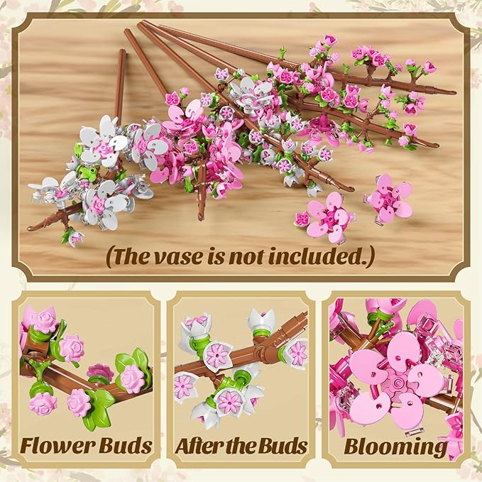 Cherry Blossoms Flowers Bouquet Building Set,Artificial Flower for Home or Office Décor,DIY Flower Botanical Collection Building Set,Gift for Birthday Anniversary,Christmas,Valentine Day