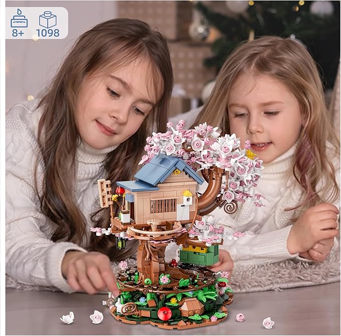 Cherry Blossom Treehouse Building Set for Girls 8-12, Compatible with Lego Friends, Flowers House Japanese Izakaya Shop Architecture Building Blocks Toy with Light for Adults, Gift for Kids (1098 PCS)
