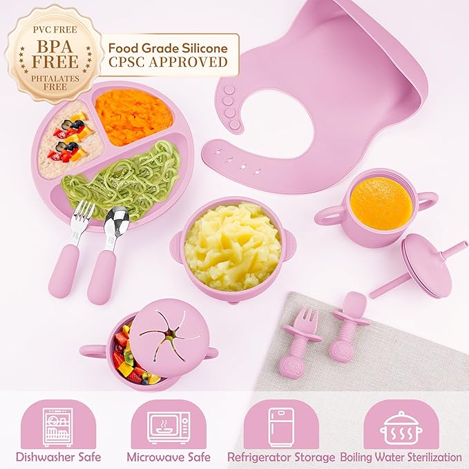 Silicone Baby Feeding Set, Baby Led Weaning Supplies, Eating Essentials Utensils with Suction Plate and Bowl, Pocket Bib, Sippy Cup with Lid, Forks Spoons Snack Container, for 6+ Months, Pink