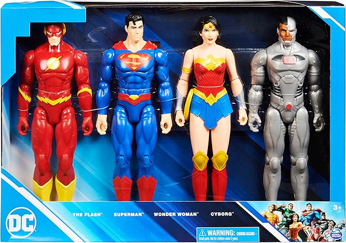 DC Comics 12-inch Action Figure 4-Pack with Superman, The Flash, Wonder Woman and Cyborg, Kids Toys for Boys and Girls Ages 3+