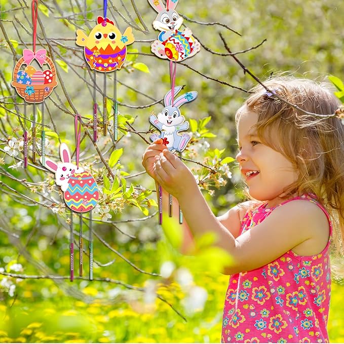 Fennoral 30 Pack Easter Wind Chime Kit for Kids Make You Own Bunny Egg Wind Chimes DIY Coloring Wooden Easter Art and Craft for Easter Hanging Ornaments Easter Party Decoration