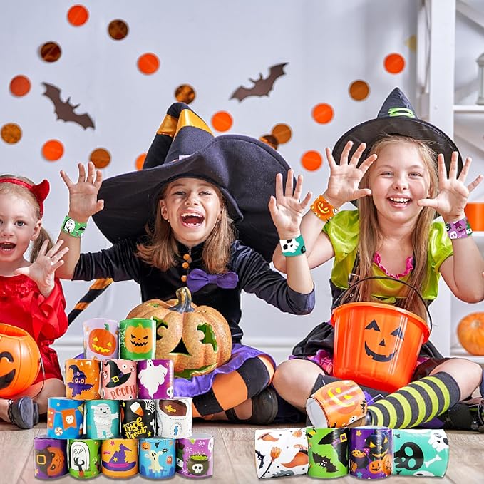 Viicoor 48 PCS Slap Bracelets Halloween Snap Bracelet Wrisrtband for Party Favors School Prizes Halloween Exchanging Gifts Goodies Bulk (15-Halloween-48PCS)