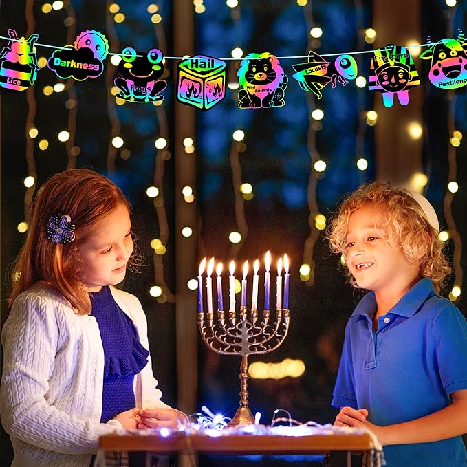 WATINC 60pcs Passover Scratch Paper Art Kit with 10 Plague for Kids, Magic Color Scratch Off Cards Craft DIY Animals Drawing Notebook, Classroom School Birthday Party Favor Hanging Decoration