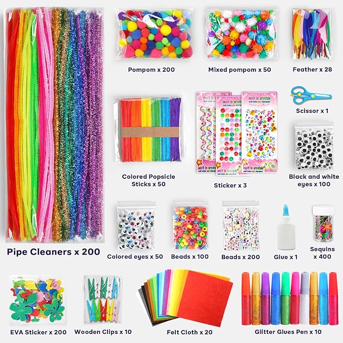 FUNZBO Arts and Crafts Supplies for Kids - Kids Crafts with Pipe Cleaners, Popsicle Sticks, Pompoms & Stickers, All in One Homeschool Supplies, Toys Crafts for Girls & Boys Age 4+ (Jumbo)