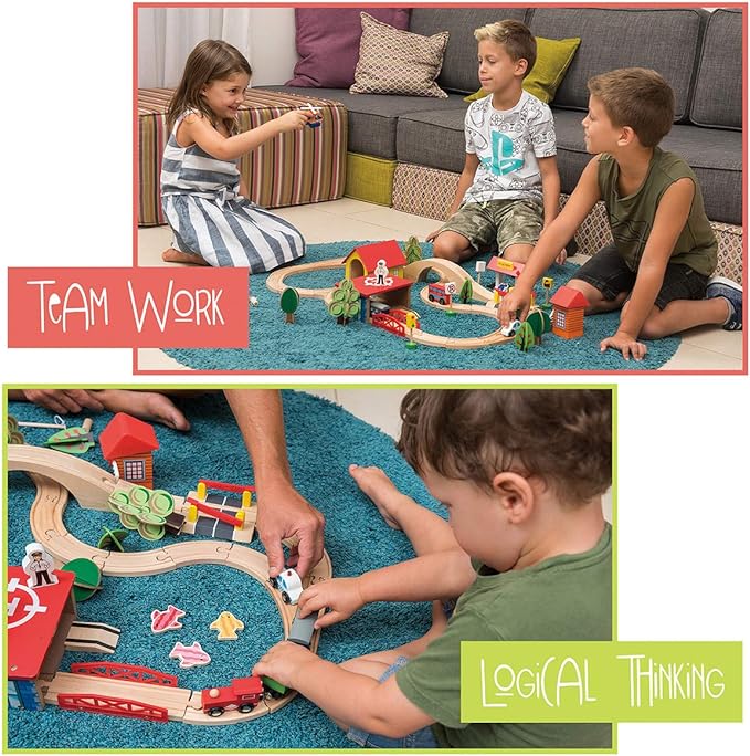 Wooden Train Set - 69 Pieces Wooden Train Tracks & Trains for Kids, Toddler Boys and Girls 3,4,5 Years Old and Up– Premium Wood Construction Toys -Fits Thomas, Brio, IKEA, Melissa and Doug