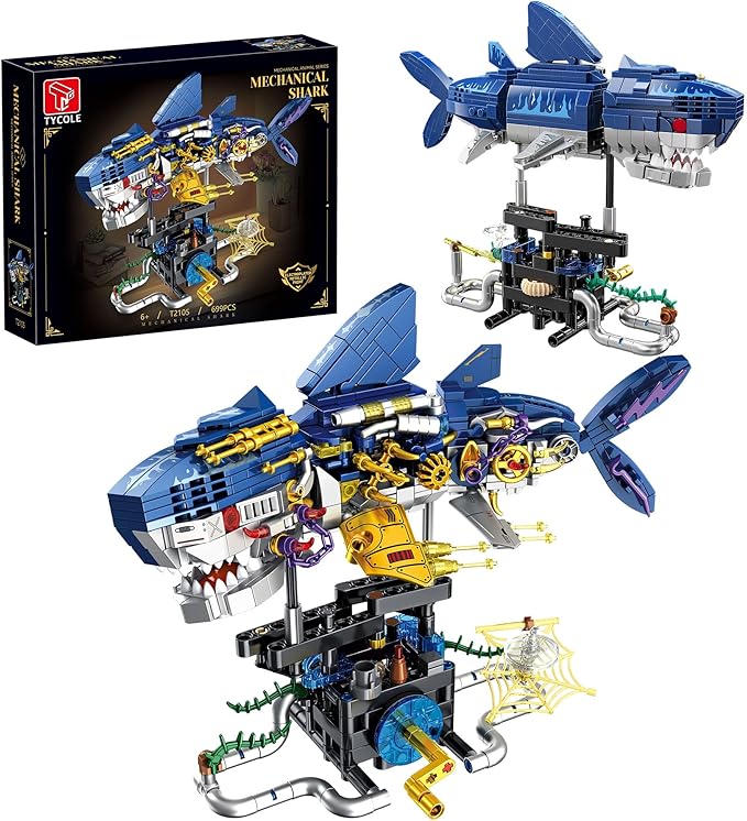 TYCOLE Mechanical Shark Building Set,Sea Animal Toy Kit with Rotatable Function and Display Stand,Creative STEM Toy Compatible with Legos,Christmas Birthday Gift for Adults and Kids 8-12(699PCS)