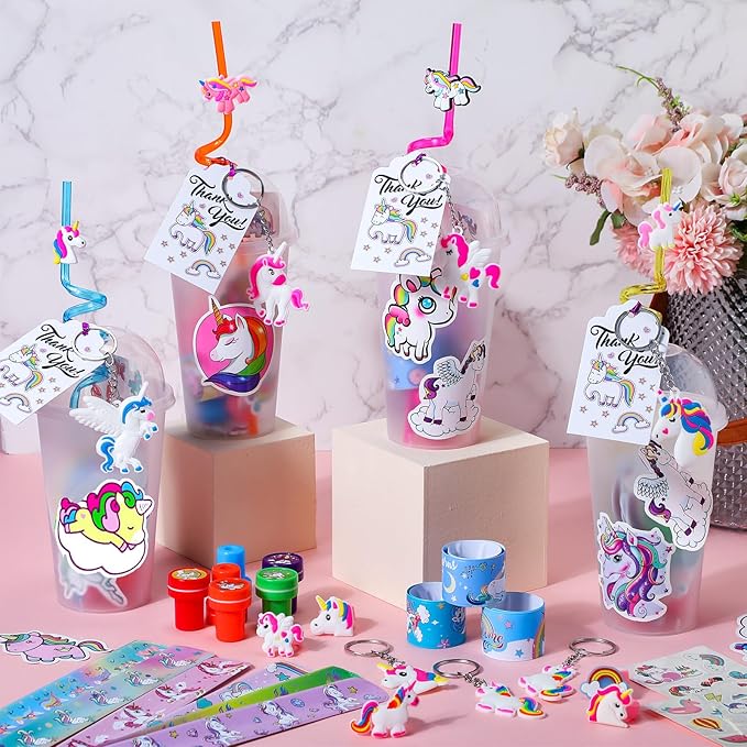 Qilery 195 Pcs Mermaid Party Unicorn Party Dinosaur Party Shark Party Favors Includes Plastic Cup with Lid Straw Keychain Bracelet Ring Stamper Stickers Tag For Party Favors Piñata Filling (Unicorn)