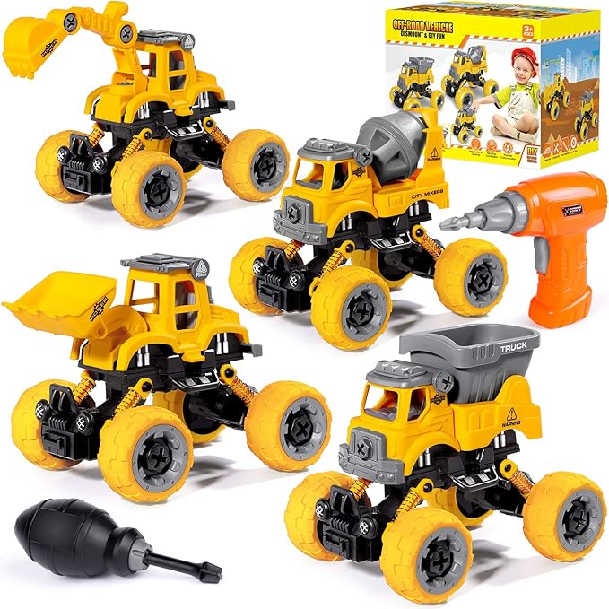 LUDILO 4PCS Take Apart Toys for 4 Year Old Boys Construction Toys with Electric Drill DIY Assembly Building Stem Toys Trucks Gifts for 3 4 5 6 7 8 Year Old Boys Girls Kids Learning Educational Toys