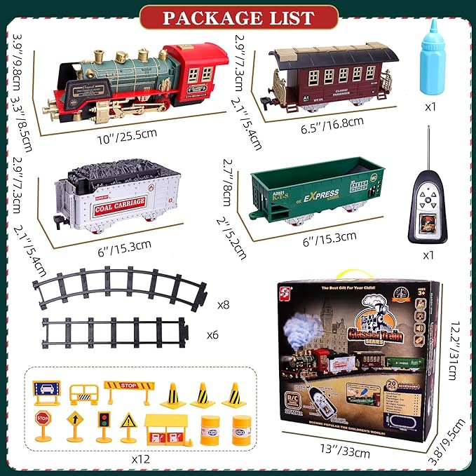 Train Set, Remote Control Train Sets, Christmas Train Sets for Under The Tree, Steam Locomotive Engine with Smokes, Sounds and Light, Electric Train Toy Gift Toys