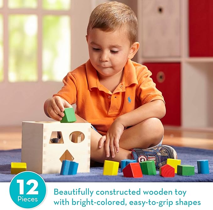 Melissa & Doug Geometric Stacker - Wooden Educational Toy & Shape Sorting Cube - Classic Wooden Toy with 12 Shapes