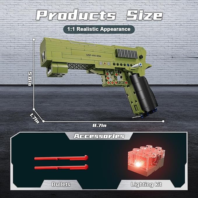 Finger Rock Gun Building Blocks Sets, 1:1 Simulation Shooting Toy USP Pistol Model Building Kit, Rifle Weapon Collectible Gift for Military Enthusiasts, Adults Kids 14+ (362 pcs)