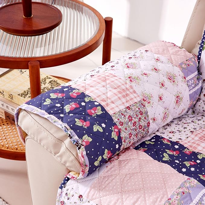 EVENHUG Recliner Sofa Cover Patchwork Floral Sofa Slipcover Washable Couch Cover for Reclining Couch Furniture Protector Cover with Elastic Straps for Pets Kids Dog Cat (Recliner,Purple)