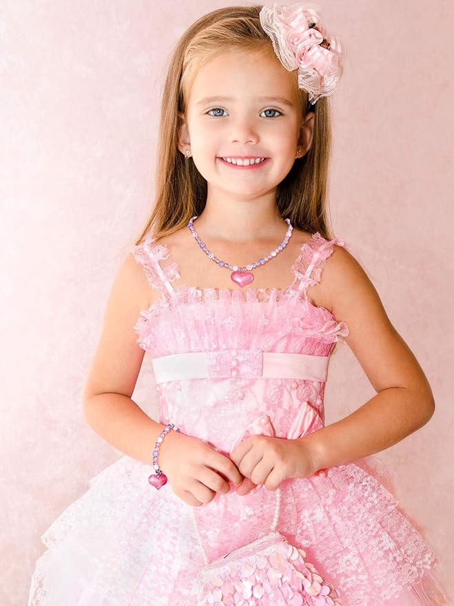 Zhanmai 2 Pcs Girl Princess Necklace Bracelet Set Lovely Princess Heart Shape Beads Necklace Stretchy Jewelry Set Girls Costume Jewelry Gift Party Favors for Dress up