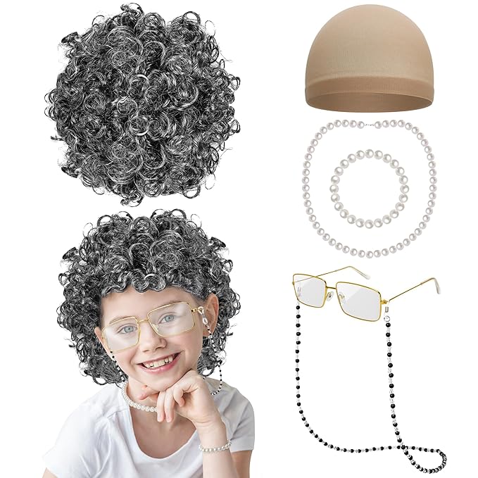 Old Lady Costume for Kids, Dark Gray Curly Wig Glasses Wig Cap Pearl Necklace Bracelet for 100 Days of School Costume